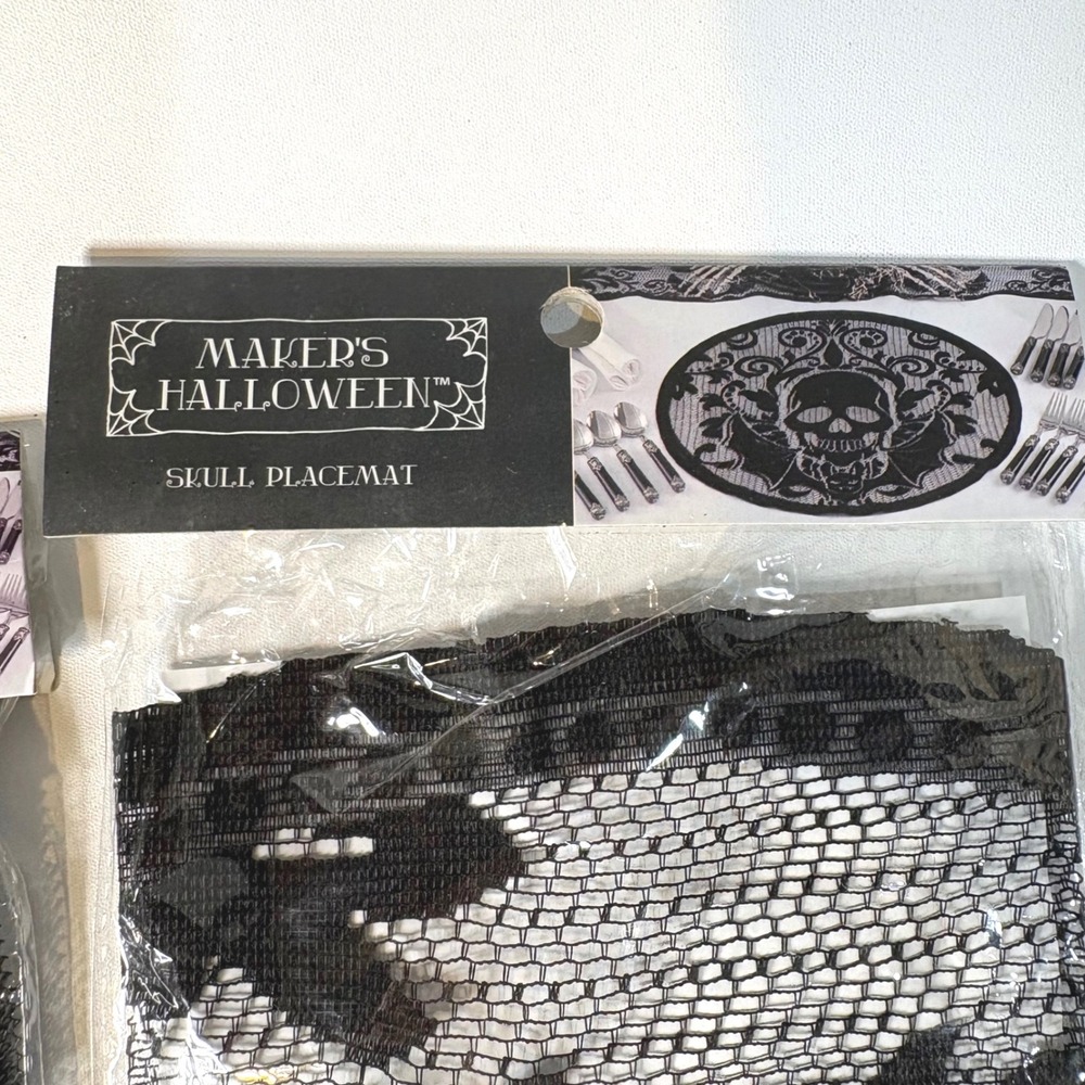 Makers Halloween Skull Placemat Set of 2 Black Lace Goth Spooky Decor 20 Inch